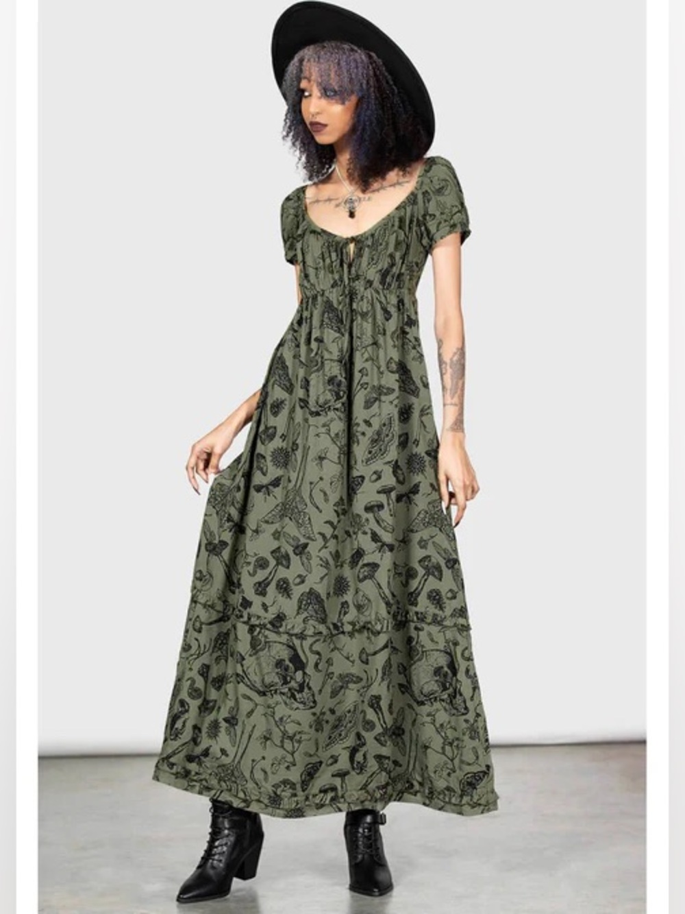 KILLSTAR Forestine Forest Mushroom Skull Print 70's Maxi Dress Green S